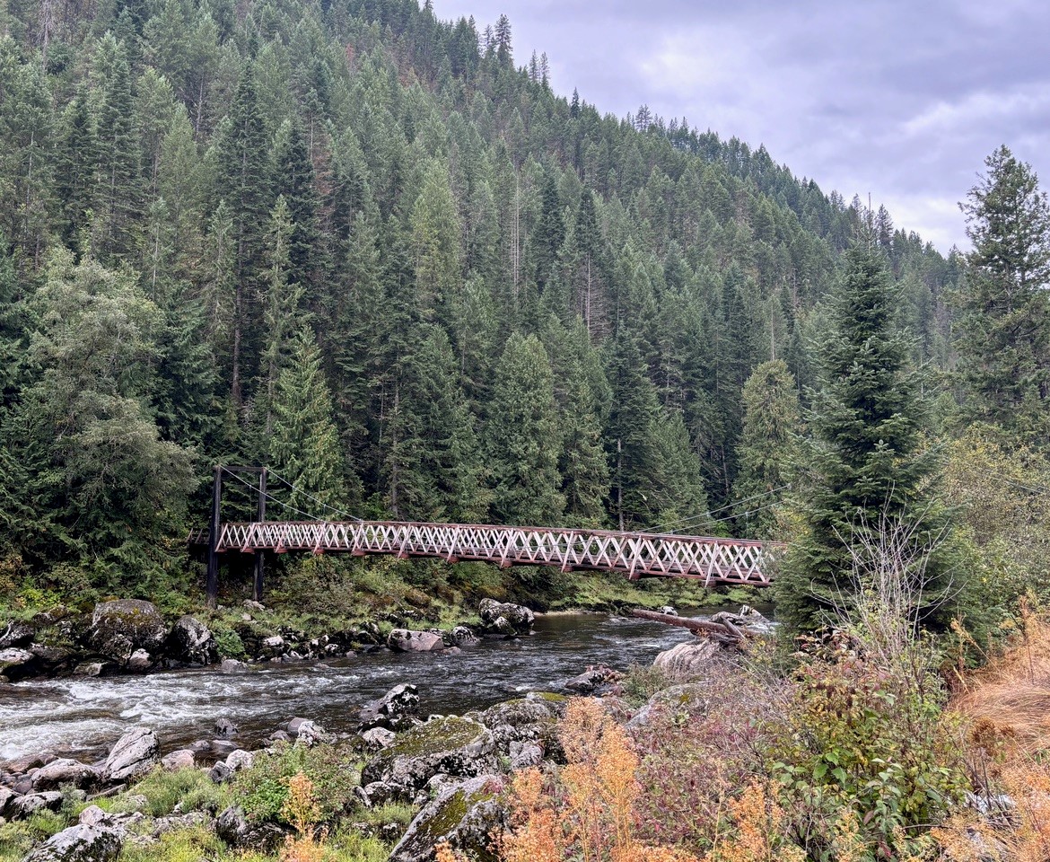 The Warm Springs Creek Pack Bridge spans the rocky Lochsa River, leading hikers toward Jerry Johnson Hot Springs through dense Idaho forest.