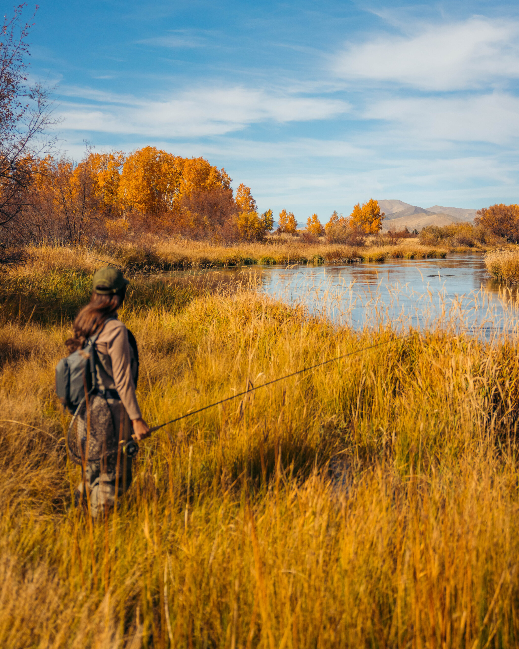 An angler wades through golden fall grasses at Silver Creek Preserve.