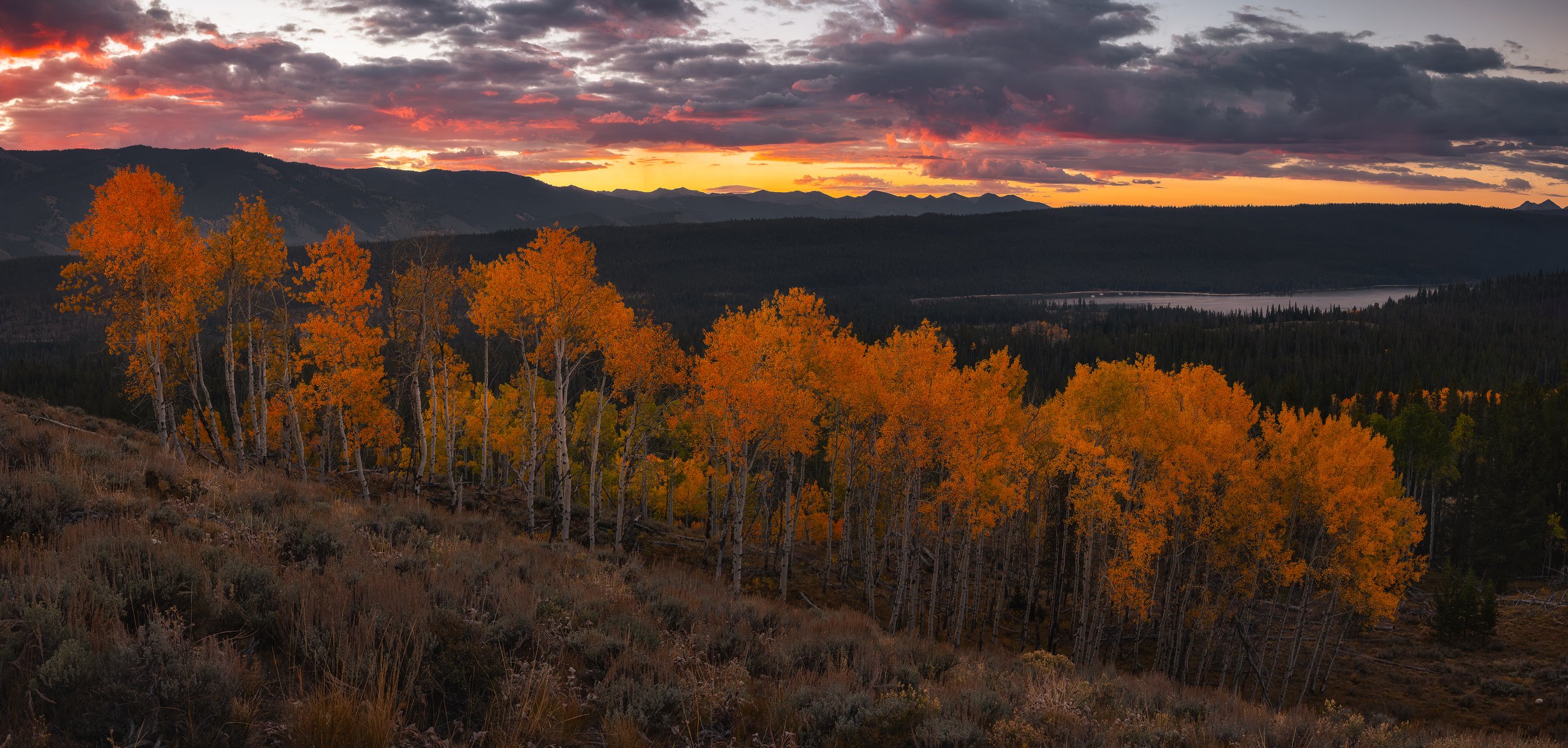 A panoramic sunset view from the Fishhook Creek Trail area in Idaho&rsquo;s Sawtooth Mountains. A grove of aspens with bright orange and gold leaves and white trunks lines a sagebrush slope in the foreground. Below, dark evergreen forest surrounds a lake, and distant mountain ridges sit beneath a dramatic sky of purple-gray clouds lit pink and orange by the setting sun.